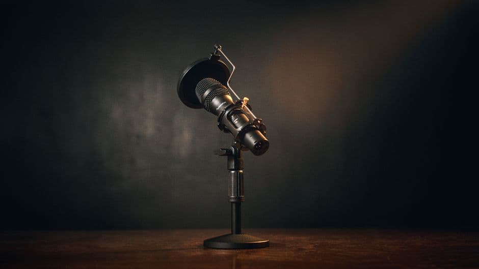A studio microphone in low light